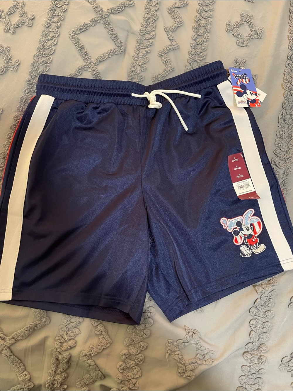 Disney Navy Athletic Shorts with White Side Stripes and Red Accent Patch